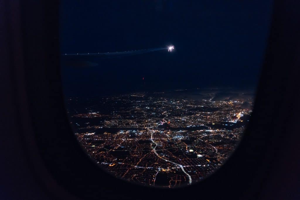 night view out of plane window