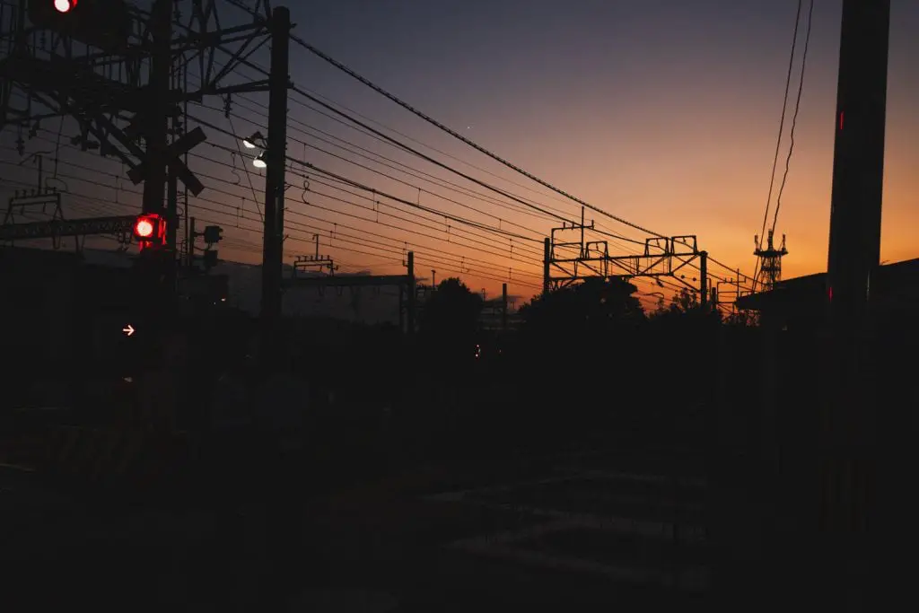 sunset over train station Japan
