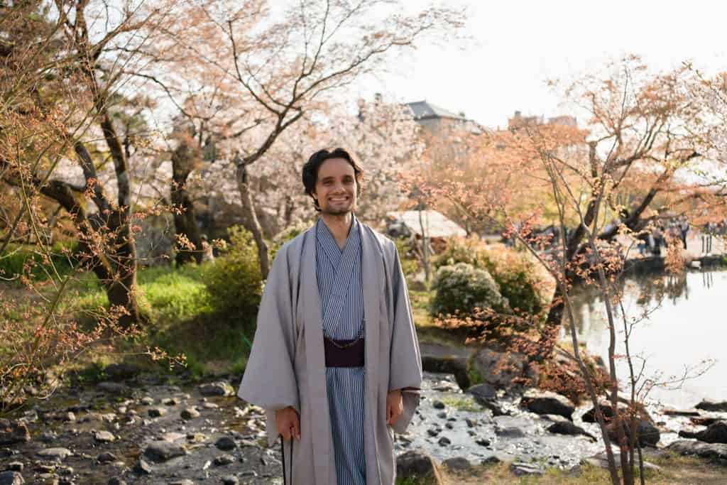western man in kimono in kyoto